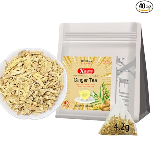 Ginger Tea Bags, 100% Pure Dry Ginger Root, 4.2gx40Count, Re-usable for Brew, Spicy Digestive Ease, Immune System Support Anytime, Eco-Conscious Tea Bags, Resealable Bag