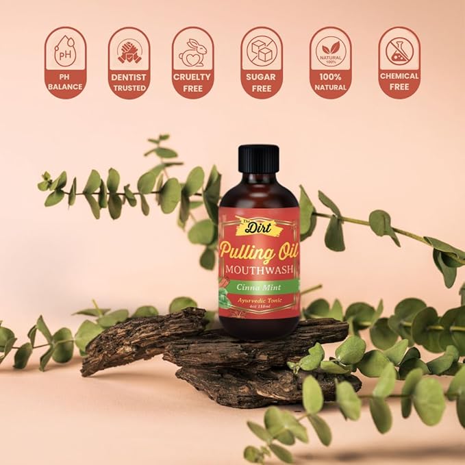 THE DIRT Oil Pulling Mouthwash - Gluten Free - Removes Plaque, Tartar, Bad Breath & Whitens Teeth (Cinna Mint, 4 Ounce)