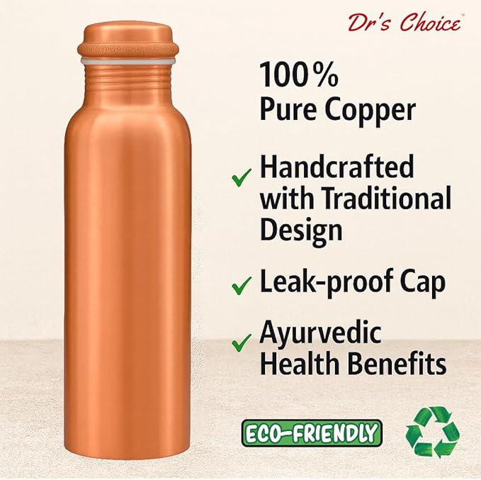 Dr's Choice; By Copperking Copper Water Bottle for Drinking 32 Oz | Ayurvedic-Inspired, Hammered Design, Eco-Friendly, Men and Women For Yoga & Fitness Use (Plain)