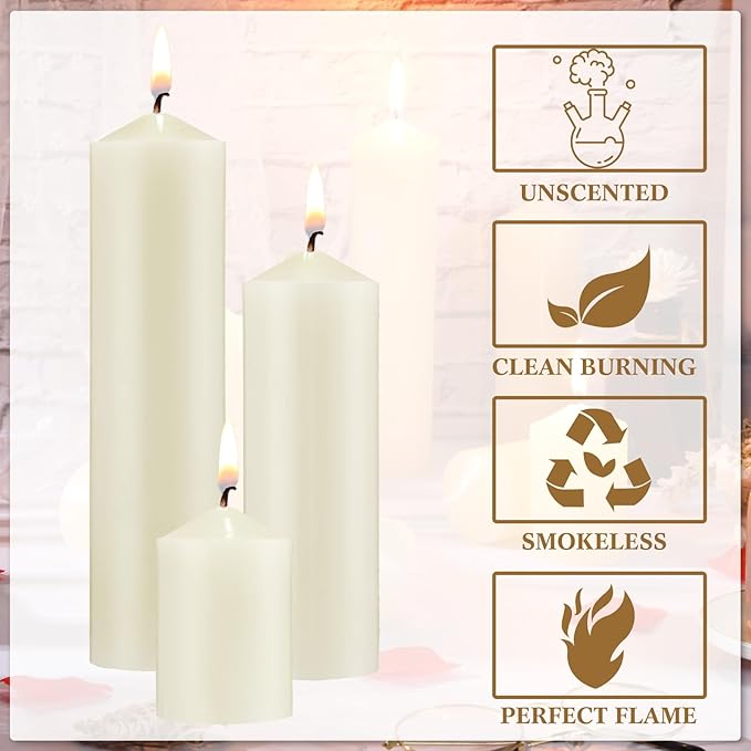 MTLEE Set of 72 Ivory Pillar Candles 2 x 3, 2 x 6, 2 x 8 Inch Smokeless and Dripless Unscented Large Candles Long Clean Burning Rustic Pillar Candle for Wedding Dinner Home Decor