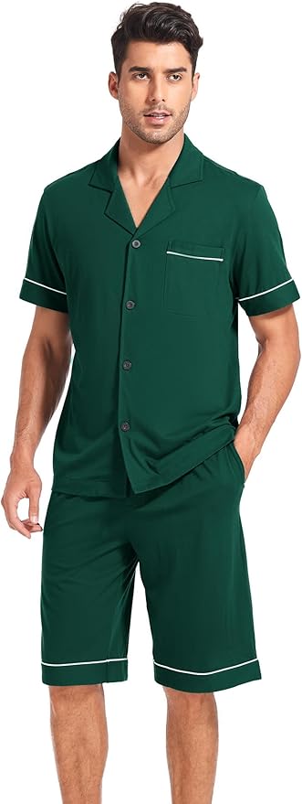 COLORFULLEAF Men's 100% Cotton Short Sleeve Pajama Sets Button Down Notched Collar Sleepwear Soft Lounge Pjs with Pockets