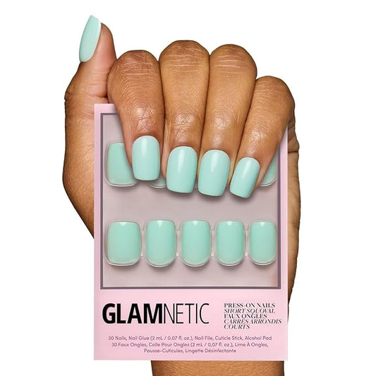 Glamnetic Press On Nails - Soft Teal | Short Squoval Light Blue Fake Nails with Glossy Finish, Salon Quality | 15 Sizes - 30 Nail Kit with Glue