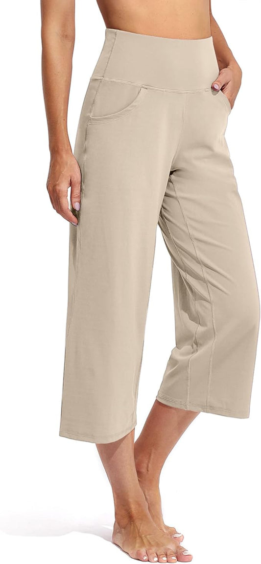 Promover Capri Pants for Women Wide Leg Yoga Cropped Pants with Pockets Loose Casual Summer Pants