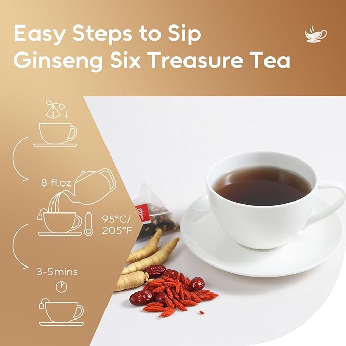 FullChea - Ginseng Six Treasure Tea, 30 Teabags, Traditional Chinese Herbal Blend for Kidney Health, Detox Tea With Ginseng, Mulberry, Huangjing, Maca, Goji Berry, Red Dates, Yam - Support Wellness