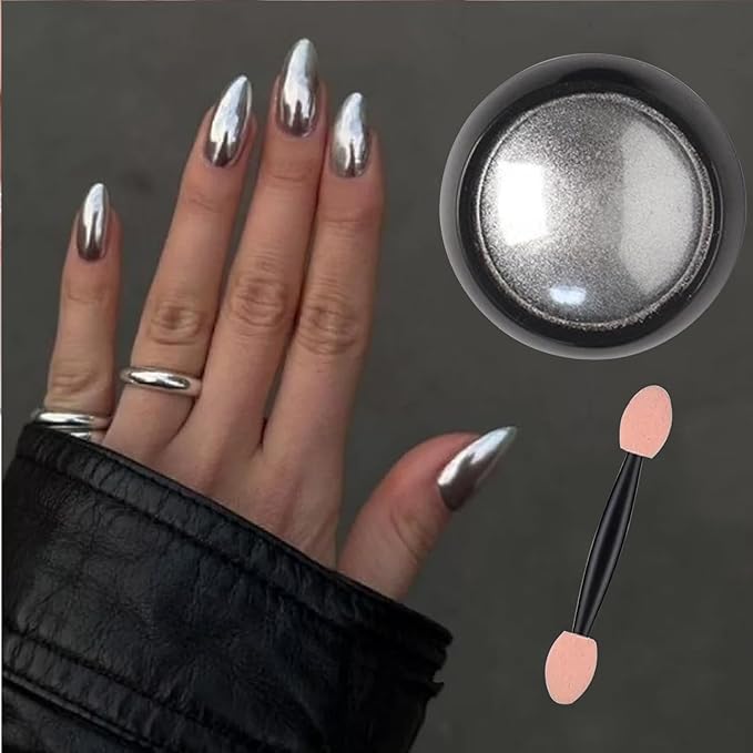Holographic Mirror Nail Powders Chrome Silver Effect Pure Metallic Dust Sequins UV Gel Nail Chrome Pigment for Nail Art Decoration,Silver Chrome Nail Powder