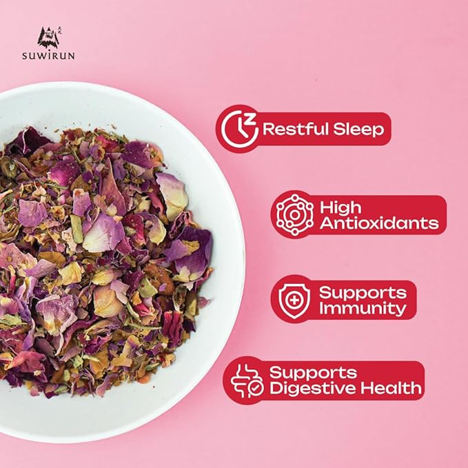 Suwirun Organic Rose Tea 25 Bags – 100% Pure Rose Petals – Delicate Floral Aroma, Naturally Caffeine-Free – Relaxing Herbal Tea, Enjoy Hot or Cold