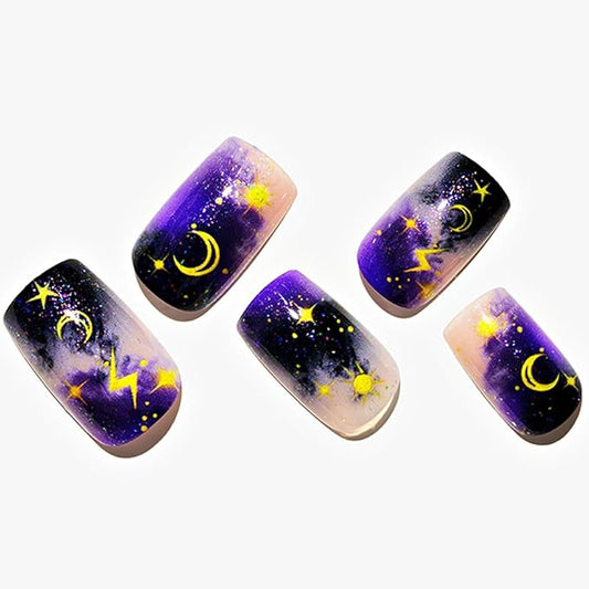 GLAMERMAID Deep Purple Ombre Press on Nails Medium Square, Gothic Moon Glitter Gel False Nals, Gothic Moon Glitter Glue on Nails Kit for Women, Reusable Stick on Acrylic Fake Nails Manicure Set