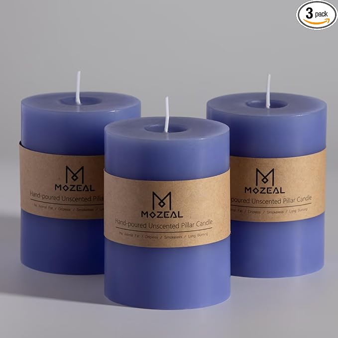 MOZEAL 3" x 4" Hand-Poured Unscented Candle, Dripless Pillar Candle Set of 3, Long Clean Burning, Approx 72 Hours Burn Time, Rustic Country Style,Wedding, Spring Awakening, Home Decor,、Deep Periwinkle