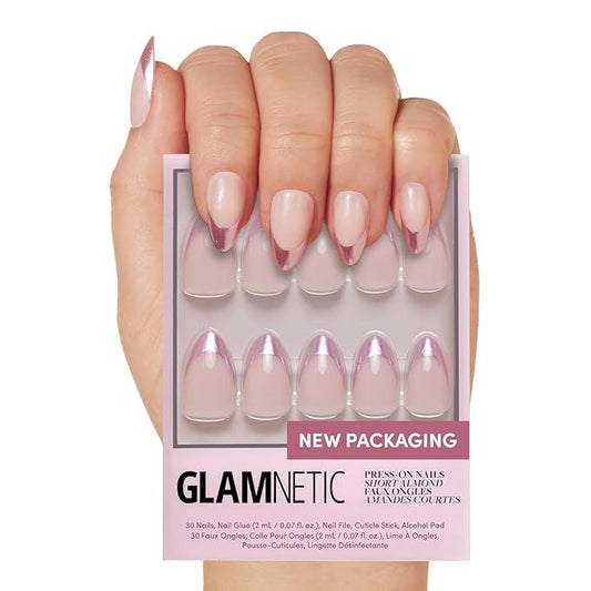 Glamnetic Press On Nails - Rock Candy | Trendy Short Almond Nails with Metallic Chrome Pink French Tips | 15 Sizes - 30 Nail Kit with Glue