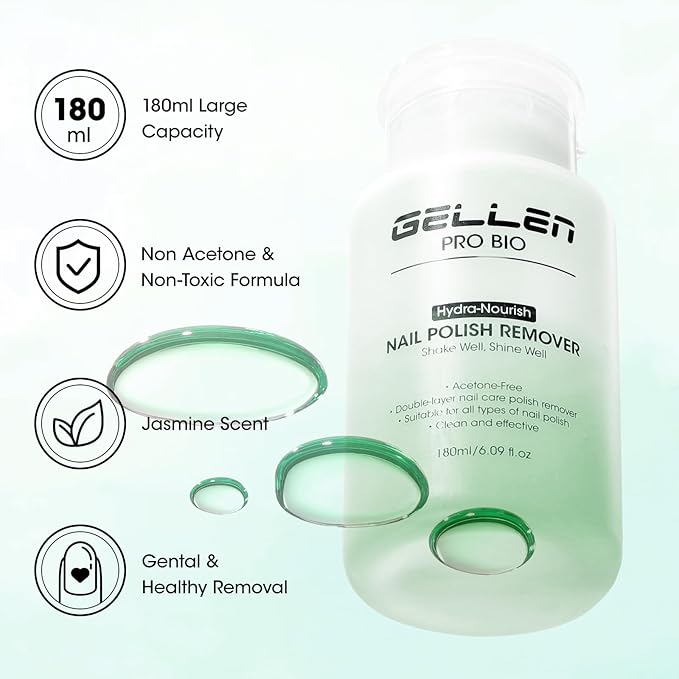 Gellen Nail Polish Remover, Acetone Free Non Toxic Nail Polish Remover for Air Dry Nail Polishes, Jasmine Scent Healthy Natural Fingernail Polish Remover with Easy Push-down Pump, 6.09 Fl Oz