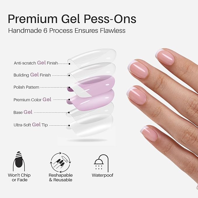 White French Tip Press on Nails - Soft Gel Square Nails Short for Women Gift, Fit Perfectly & Natural Stick on Nails with Glue in 16 Sizes - 32 Reusable Fake Nails, White French