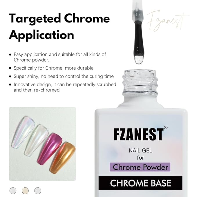 FZANEST Chrome Base Coat Gel Base Top Coat for Chrome Nail Powder 15ml No Wipe Clear Gel Nail Polish High Gloss Mirror Shine Long Lasting Easy Application Soak off DIY Home Salon Art Design