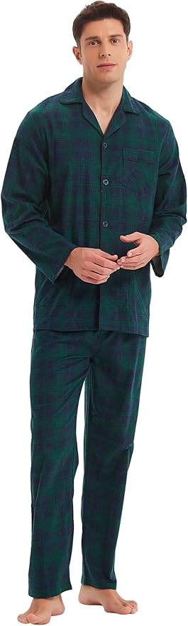 GLOBAL Men's Pajamas Sets 100% Cotton Flannel Sleepwear Long-Sleeve top & Bottom