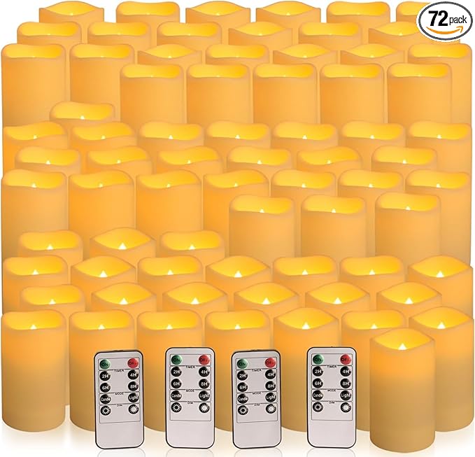 Set of 72 Waterproof Outdoor Flameless Candles, LED Candles with 4 Remote and Timer,(H 4" 5" 6" x D 2.2"),for Halloween Wedding Festiv