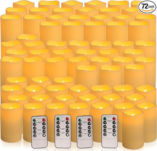 Set of 72 Waterproof Outdoor Flameless Candles, LED Candles with 4 Remote and Timer,(H 4" 5" 6" x D 2.2"),for Halloween Wedding Festiv