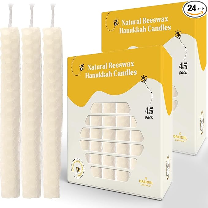 The Dreidel Company 24-Pack Hand Rolled Hanukkah Candle Natural Honeycomb Beeswax White, 45 Minute Burn Time, 45 Candles for All 8 Nights of Chanuka
