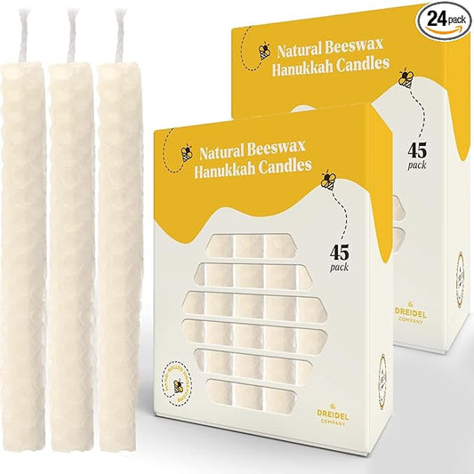 The Dreidel Company 24-Pack Hand Rolled Hanukkah Candle Natural Honeycomb Beeswax White, 45 Minute Burn Time, 45 Candles for All 8 Nights of Chanuka