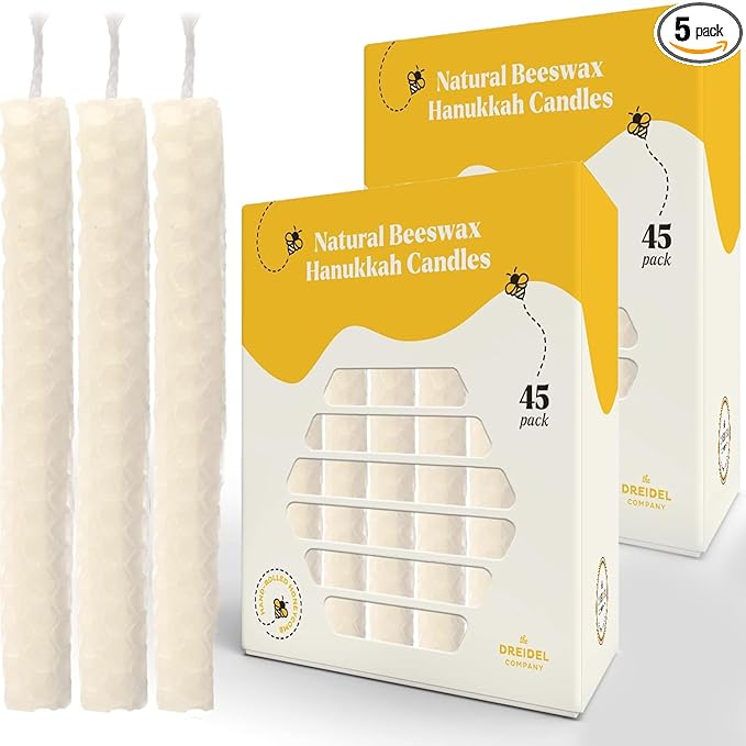 The Dreidel Company 5-Pack Hand Rolled Hanukkah Candle Natural Honeycomb Beeswax White, 45 Minute Burn Time, 45 Candles for All 8 Nights of Chanuka