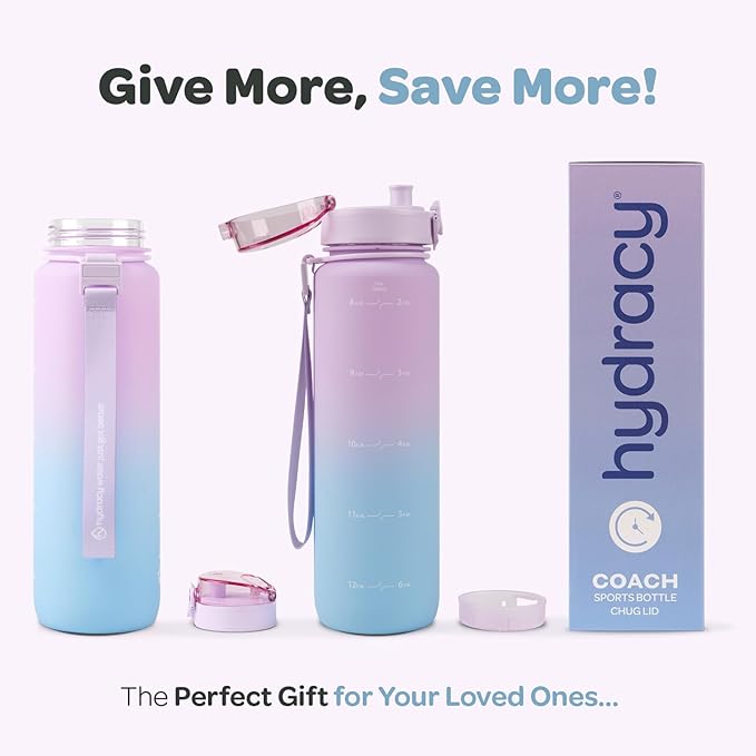 Hydracy Water Bottle with Time Marker -Large 32oz BPA Free Gradient Water Bottle - Leak Proof Gym Bottle with Fruit Infuser Strainer & Times to Drink -Ideal for Fitness Sports & Outdoors