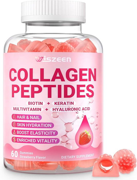 Collagen Gummies for Women - Sugar-Free Hydrolyzed Collagen Gummy with Biotin, Hyaluronic Acid & MultiVitamins, Type I, II, III, V & X Collagen Peptides - Promote Skin/Hair/Nail/Bones, 60 Cts