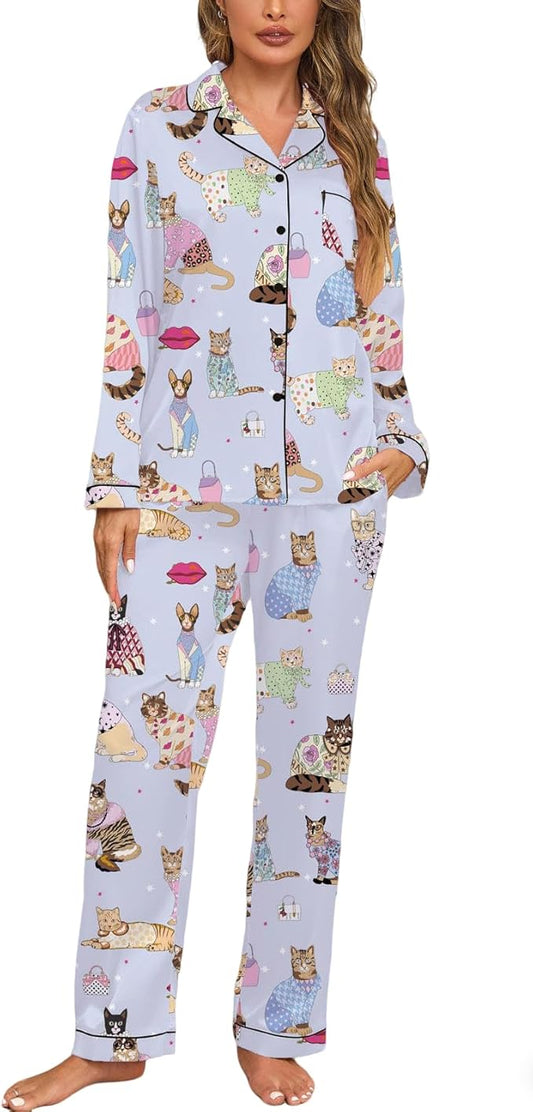 Veseacky Womens Satin Pajama Set Silk Pjs Button Down Long Sleeve Sleepwear Loungewear Sleepwear 2 Piece Pjs Set S-XXL