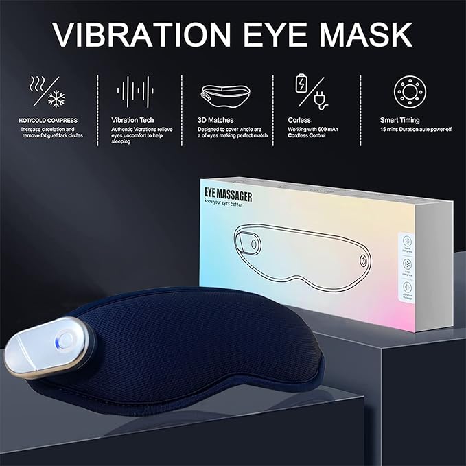 Heated Eye Mask with Vibration Massager, Cordless Rechargeable for Dry Eyes, Black