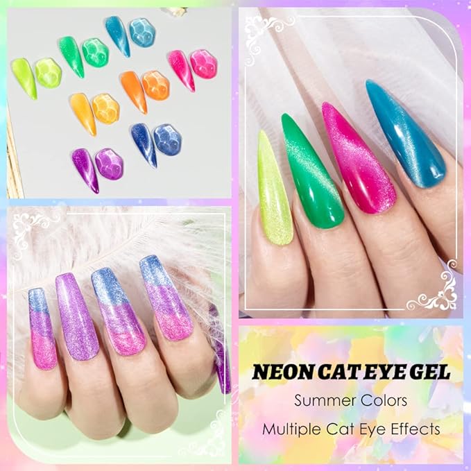 Neon Cat Eye Gel Polish Set Bright Yellow Green Pink Cateye Nail Polish Gel Magnetic Gel Polish Varnish Soak Off Lamp Gel for Nail Salon or DIY at Home 8 Colors 7ML(0.24FL OZ)