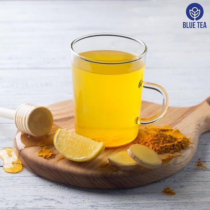 BLUE TEA - Turmeric Tea - Pepper - 30 Count - Pyramid Plant Based Tea Bag | CURCUMIN RICH - HERBAL BLEND | Herbal Tea - Caffeine Free - No Sugar - Earthy Flavor - Healthy | Tin Pack