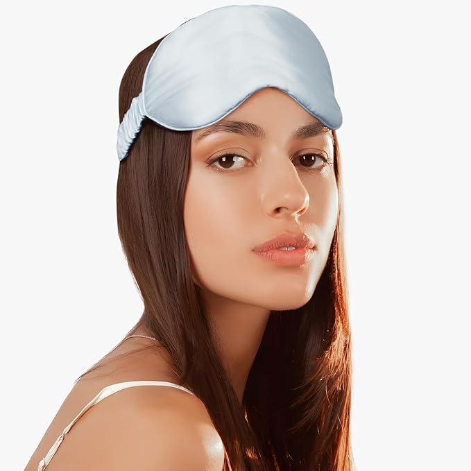 Silk Sleep Mask for Women/Men/Adults Light Blocking Real Silk Eye Mask for Sleeping Plane/Side Sleeper/Travel with Elastic Band,Light Blue