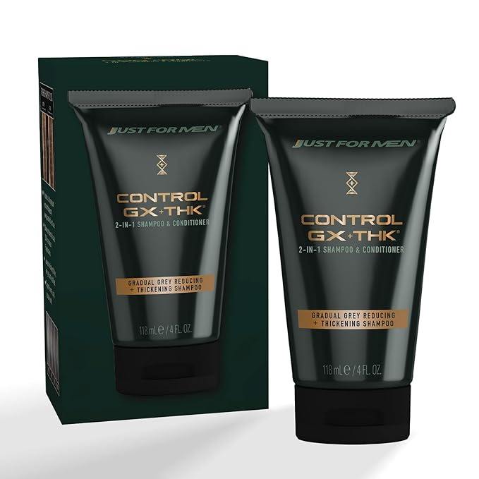 Just for Men Control GX + THK Thickening Shampoo and Conditioner with Grey Reduction, Shampoo for Thinning Hair with Alpha Keratin, Thickens Hair Up to 20%, Works with Every Hair Texture, 4 oz