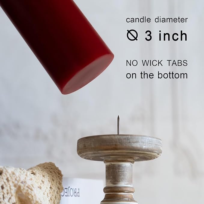 MOZEAL 3" x 4" Hand-Poured Unscented Dark Red Pillar Candles,Dripless Candles Set of 3,Smokeless,Clean Burning,Approx 60 Hours Burn Time,Dinner,Christmas and Home Decor（3 Inch Width Series） Bordeaux