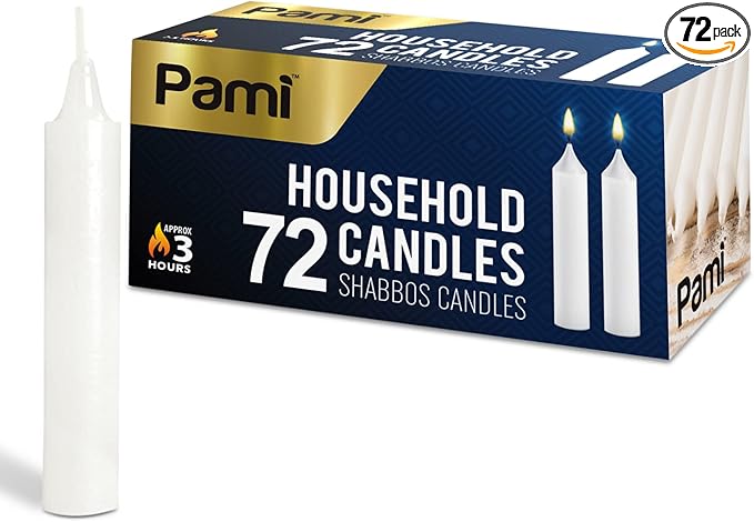 PAMI Traditional Shabbat Candle Sticks [72-Pack] - Unscented Taper Candles with 3 Hours Burning Time- Paraffin Shabbos Candles with Beautiful Flame- Tall Dinner Candles for Candlestick Holders