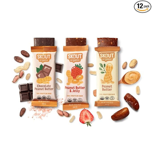 Skout Organic Plant-Based Protein Bars Variety Pack (12 Pack) 3 Flavors - 10g Protein - Vegan Protein Bars - Only 6 Ingredients Or Less - Easy Snack - Gluten, Dairy, Grain & Soy Free