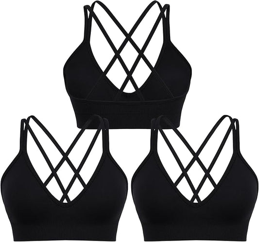 Sports Bra for Women V-Neck Strappy Criss Cross Yoga Bra Padded Medium Support Workout Gym Athletic Fitness Bras 3 Pack