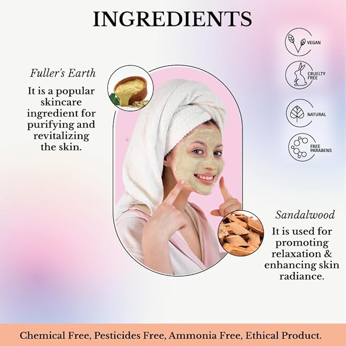 Face Glow- Fuller’s Earth w/Sandalwood - 12 Individual Sachets of Multani Mitti (10 gm each)- Reusable Brush & Tray Included- Timeless Radiance- Face Mask for Healthy Looking Skin - By Pride of India