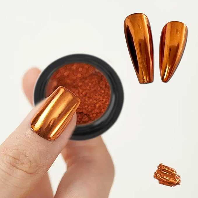 Holographic Mirror Nail Powders Chrome Gold Effect Pure Metallic Dust Sequins UV Gel Copper Nail Chrome Powder for Nails Art Decoration, Copper Chrome Nail Powder