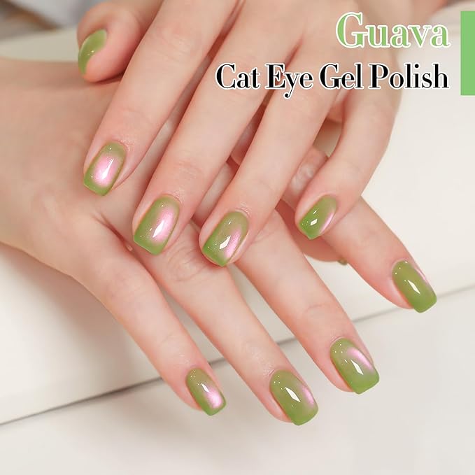 Double Rhythm 0.5 OZ Cat Eye Gel Polish with Magnet 15ML Holographic Glitter Shimmer Translucent Jelly Color Magnetic Nail Polish Salon DIY at Home (Pink Green-MC1215)