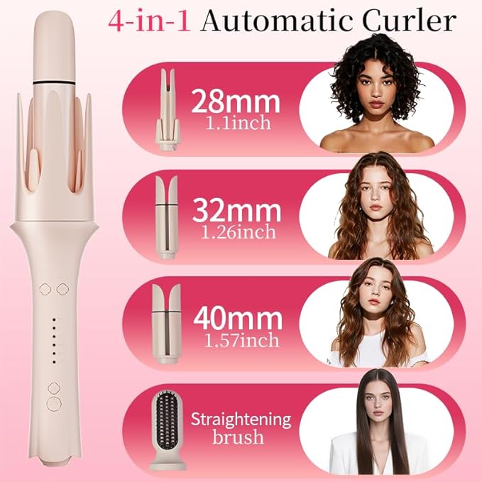 Automatic Curling Iron Set, Hair Curler & Straightening Comb, 4-in-1 Beach Wave Curling Wand with 3 Ceramic Barrel & 1 Hair Straightener Brush, 3 Temp, Timer, Negative Ions