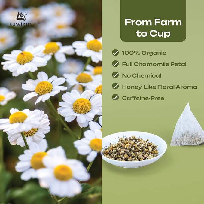 Suwirun Organic Chamomile Tea 25 Bags – 100% Chamomile Flowers – Naturally Caffeine-Free, Supports Relaxation & Sleep – Smooth & Soothing Herbal Tea