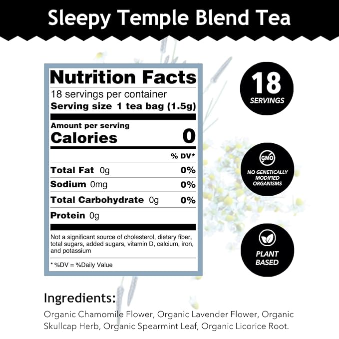 Buddha Teas - Sleepy Temple Blend - Organic Herbal Tea - For Health & Wellbeing - Blend of Herbs & Flowers - Clean Ingredients - Caffeine Free - OU Kosher & Organic - Non-GMO - 18 Bleach-Free Tea Bags
