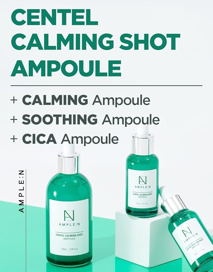 AMPLE:N Centel Calming Shot Ampoule - Korean Soothing Face Serum with Centella Asiatica to Calm Irritated & Sensitive Skin - Redness Relief, Acne Spot Treatment & Moisturizing, 3.38 fl.oz.