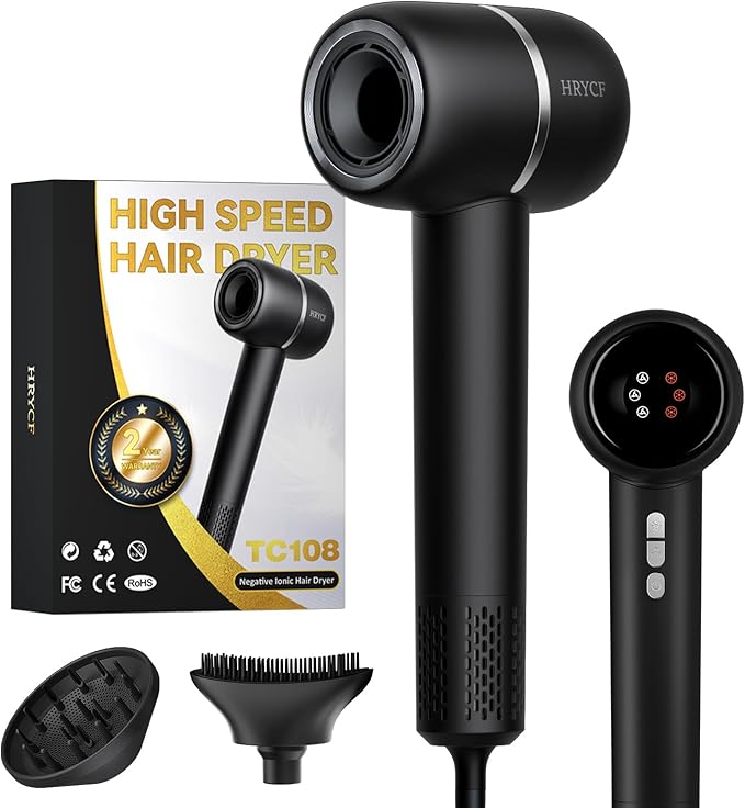 Hair Dryer,Less Heat Damage 160,000RPM High Speed Blow Dryer,Negative Ionic Care Hair Dryer,Fast Drying Ionic Blow Dryer,Thermo-Control Low Noise with Smoothing Brush & Diffuser, Black