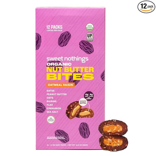 Sweet Nothings, Oatmeal Raisin, USDA Organic Nut Butter Bites Protein Bar, Nut & Date Snack, Filled with Peanut Butter, 12-2 Bite Value Packs - No Added Sugar, Good Source of Fiber, Only 7 Ingredients