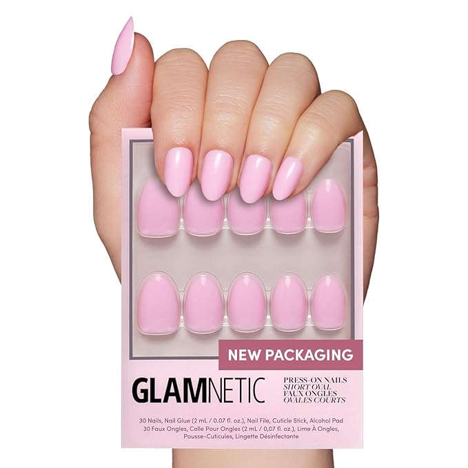 Glamnetic Press On Nails - Think Pink | Solid Opaque Light Pastel Pink Short Oval Nails, Salon Quality | 15 Sizes - 30 Nail Kit
