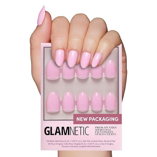 Glamnetic Press On Nails - Think Pink | Solid Opaque Light Pastel Pink Short Oval Nails, Salon Quality | 15 Sizes - 30 Nail Kit