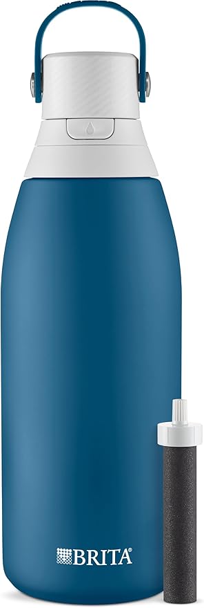 Brita Stainless Steel Premium Filtering Water Bottle, BPA-Free, Reusable, Insulated, Replaces 300 Plastic Water Bottles, Filter Lasts 2 Months or 40 Gallons, Includes 1 Filter, Marina - 32 oz.