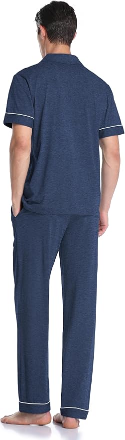 COLORFULLEAF Men's 100% Cotton Pajamas Set Button Down Sleepwear Short Sleeve and Long Pants Pjs