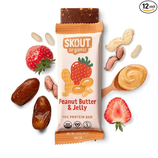 Skout Organic Plant-Based Protein Bars Peanut Butter & Jelly (12 Pack) - 10g Protein - Vegan Protein Bars - Only 5 Ingredients - Easy Snack - Gluten, Dairy & Soy Free