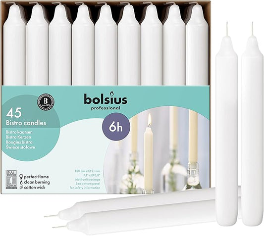 BOLSIUS White Household Candles 7 Inch Dinner Candlesticks - 45 Count Bulk Pack - 6+ Hours Clean Burning - Premium European Quality - Shabbat Candles - No Palm Oil - 0% Animal Fat - Emergency Candle