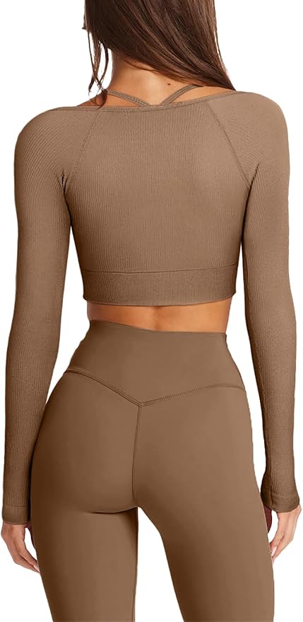 LASLULU Womens Sexy Square Neck Crop Top Ribbed Seamless Long Sleeve Workout Tops Halter Neck Athletic Yoga